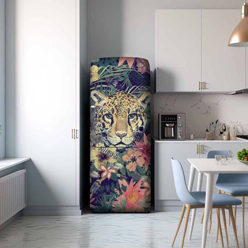 Naklejka na lodówkę vintage akwarelowy lampart w tropikalnych liściach – Wallissimo® Naklejka na lodówkę vintage akwarelowy lampart w tropikalnych liściach – Wallissimo®