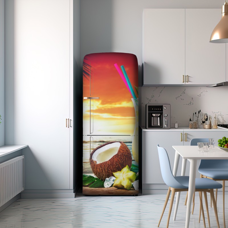 Naklejka na lodówkę tropikalny zachód słońca na plaży z koktajlem – Wallissimo® Naklejka na lodówkę tropikalny zachód słońca na plaży z koktajlem – Wallissimo®