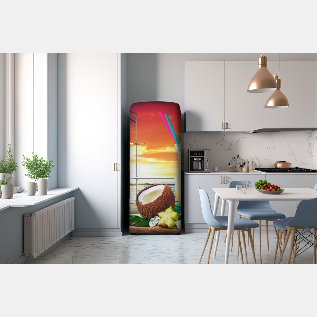 Naklejka na lodówkę tropikalny zachód słońca na plaży z koktajlem – Wallissimo® Naklejka na lodówkę tropikalny zachód słońca na plaży z koktajlem – Wallissimo®