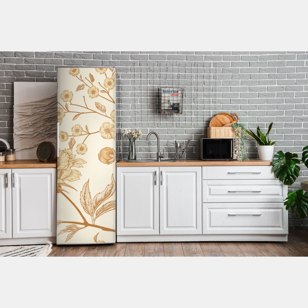 Naklejka na lodówkę vintage beżowy wzór kwiatowy z peoniami – Wallissimo® Naklejka na lodówkę vintage beżowy wzór kwiatowy z peoniami – Wallissimo®