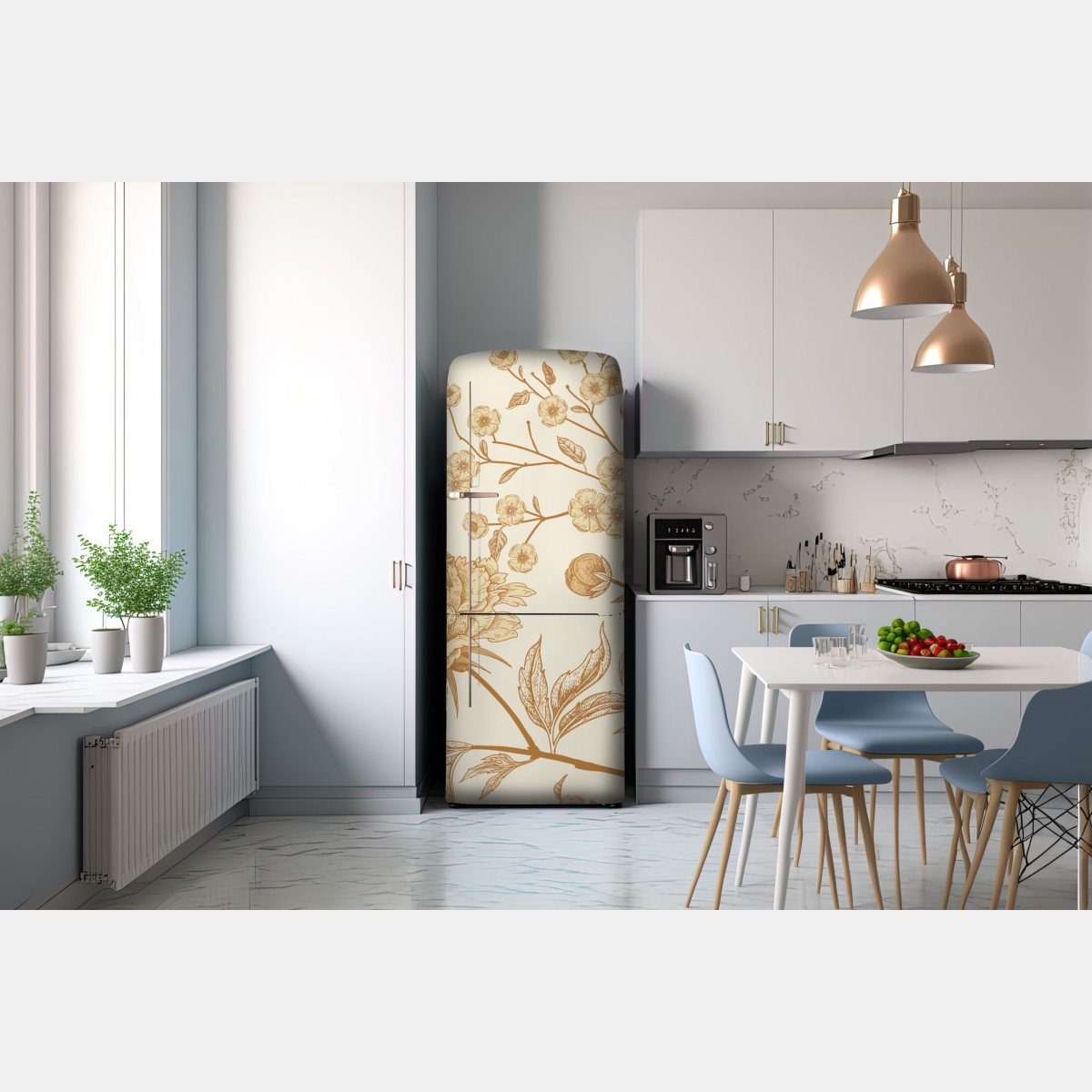 Naklejka na lodówkę vintage beżowy wzór kwiatowy z peoniami – Wallissimo® Naklejka na lodówkę vintage beżowy wzór kwiatowy z peoniami – Wallissimo®