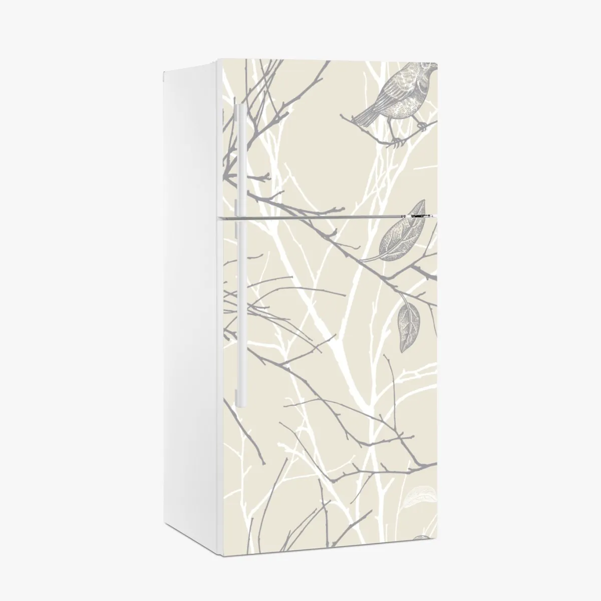 Naklejka na lodówkę delikatny beżowy wzór z ptakami i gałęziami – Wallissimo® Naklejka na lodówkę delikatny beżowy wzór z ptakami i gałęziami – Wallissimo®