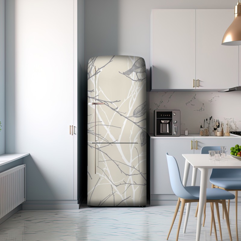 Naklejka na lodówkę delikatny beżowy wzór z ptakami i gałęziami – Wallissimo® Naklejka na lodówkę delikatny beżowy wzór z ptakami i gałęziami – Wallissimo®
