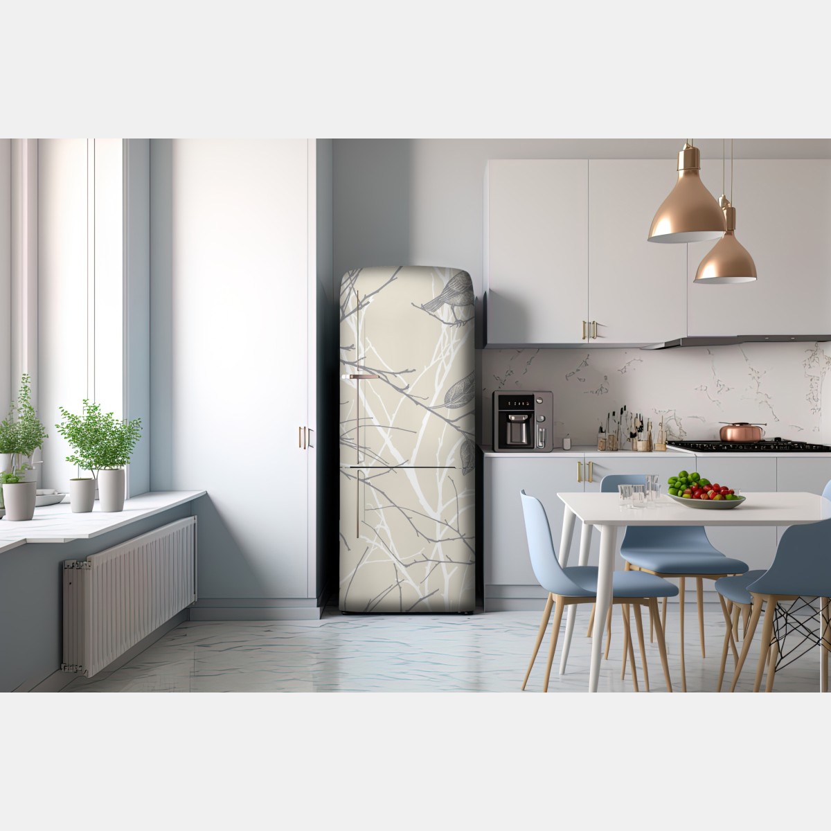Naklejka na lodówkę delikatny beżowy wzór z ptakami i gałęziami – Wallissimo® Naklejka na lodówkę delikatny beżowy wzór z ptakami i gałęziami – Wallissimo®