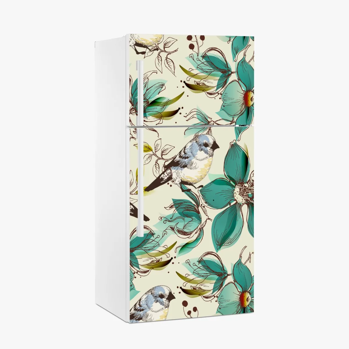 Naklejka na lodówkę retro miętowy wzór kwiatów i ptaków – Wallissimo® Naklejka na lodówkę retro miętowy wzór kwiatów i ptaków – Wallissimo®