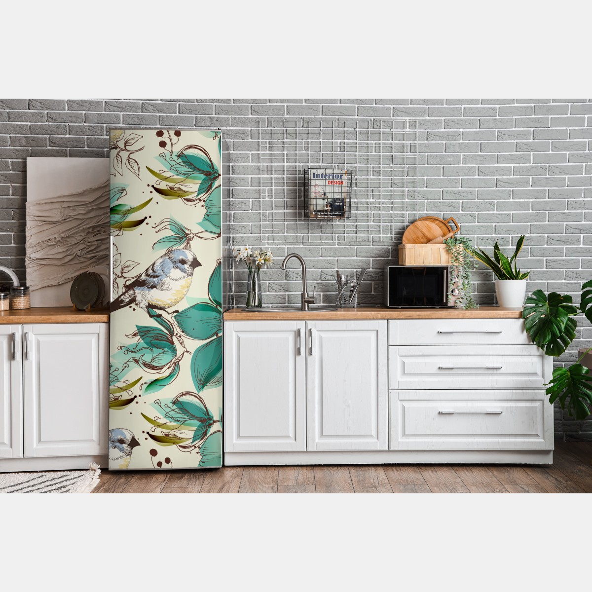 Naklejka na lodówkę retro miętowy wzór kwiatów i ptaków – Wallissimo® Naklejka na lodówkę retro miętowy wzór kwiatów i ptaków – Wallissimo®