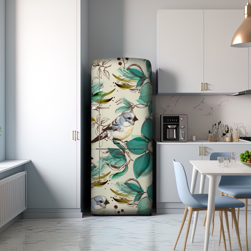 Naklejka na lodówkę retro miętowy wzór kwiatów i ptaków – Wallissimo® Naklejka na lodówkę retro miętowy wzór kwiatów i ptaków – Wallissimo®