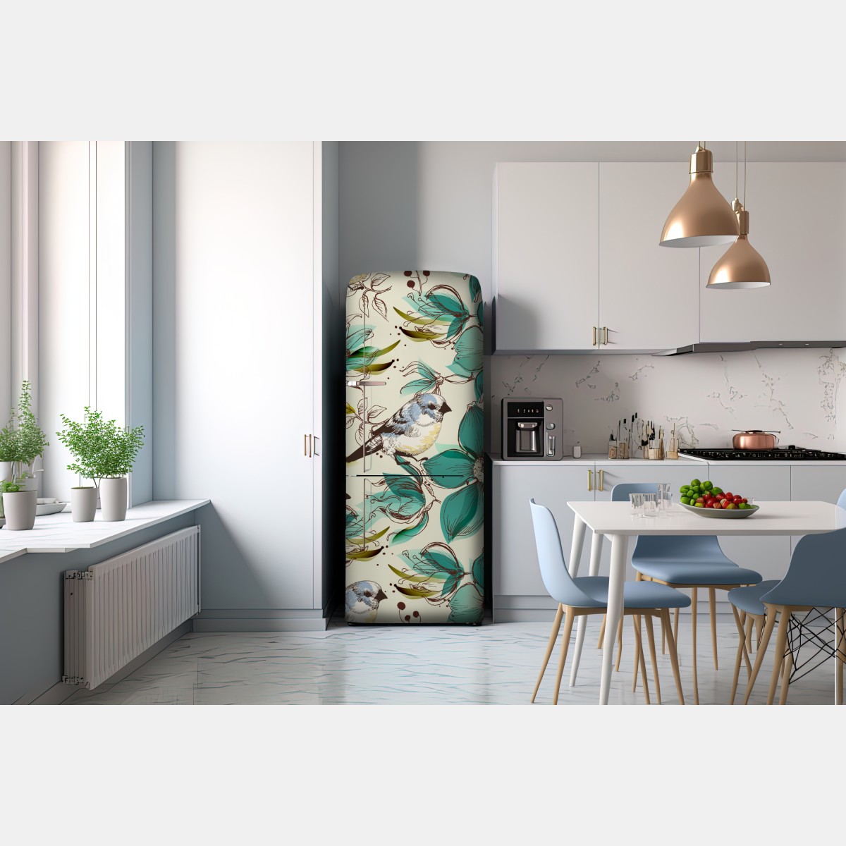 Naklejka na lodówkę retro miętowy wzór kwiatów i ptaków – Wallissimo® Naklejka na lodówkę retro miętowy wzór kwiatów i ptaków – Wallissimo®
