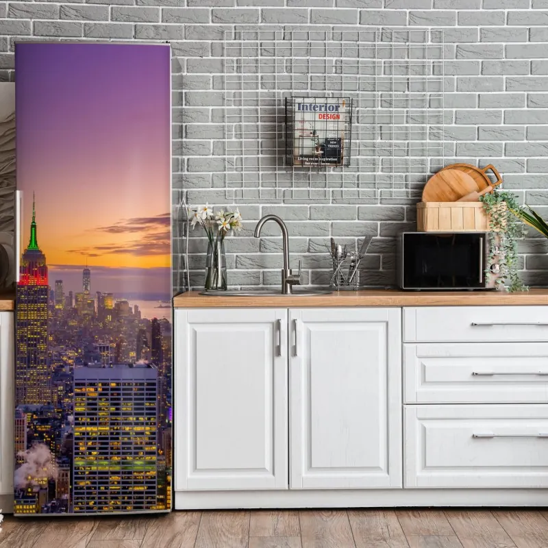 Naklejka na lodówkę odważna geometryczna elewacja w pomarańczy i turkusie – Wallissimo®