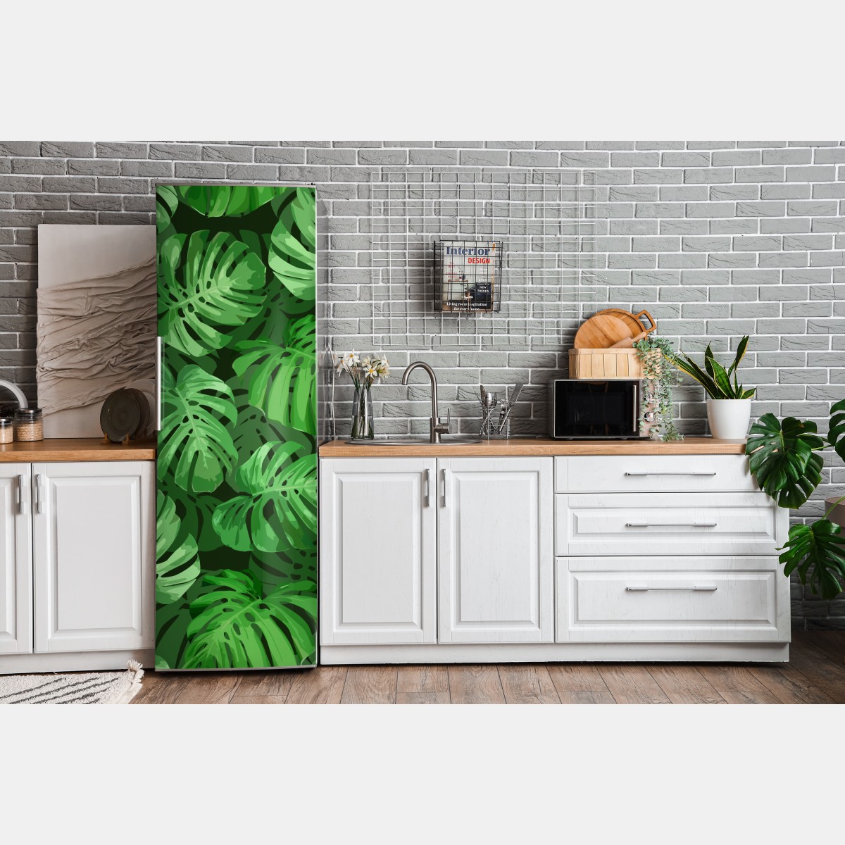 Naklejka na lodówkę tropikalny wzór z liśćmi monstery – Wallissimo® Naklejka na lodówkę tropikalny wzór z liśćmi monstery – Wallissimo®