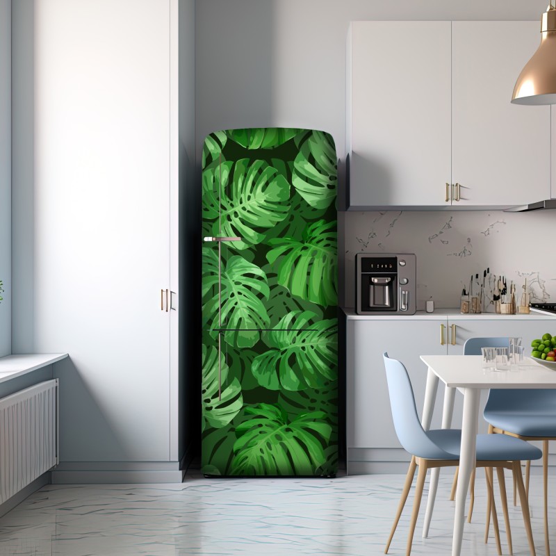 Naklejka na lodówkę tropikalny wzór z liśćmi monstery – Wallissimo® Naklejka na lodówkę tropikalny wzór z liśćmi monstery – Wallissimo®