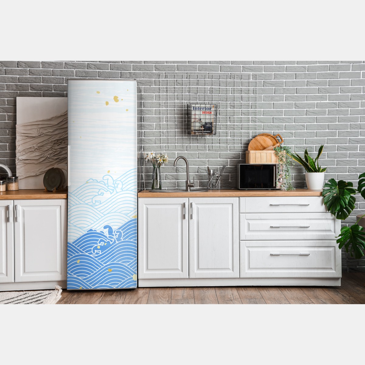 Naklejka na lodówkę spokojne niebieskie fale ze złotymi akcentami – Wallissimo® Naklejka na lodówkę spokojne niebieskie fale ze złotymi akcentami – Wallissimo®
