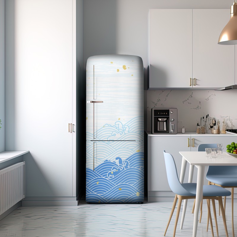 Naklejka na lodówkę spokojne niebieskie fale ze złotymi akcentami – Wallissimo® Naklejka na lodówkę spokojne niebieskie fale ze złotymi akcentami – Wallissimo®