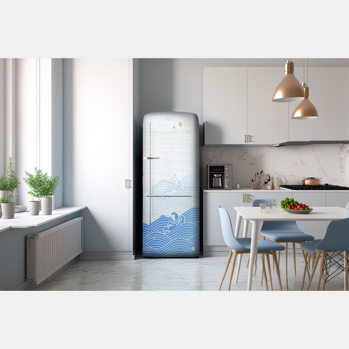 Naklejka na lodówkę spokojne niebieskie fale ze złotymi akcentami – Wallissimo® Naklejka na lodówkę spokojne niebieskie fale ze złotymi akcentami – Wallissimo®