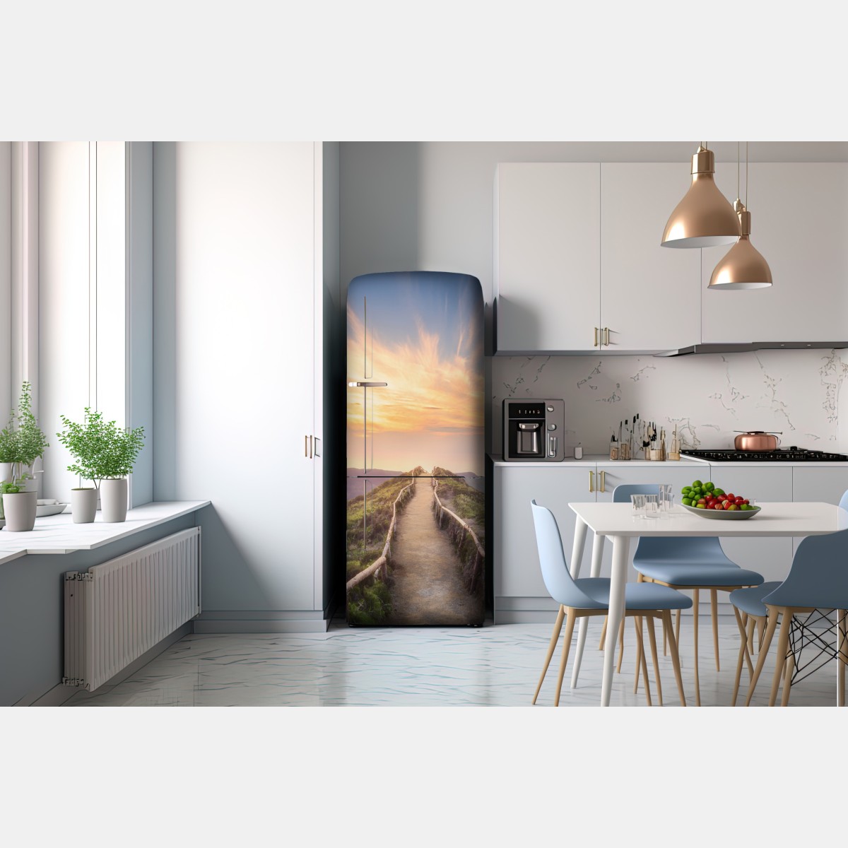 Naklejka na lodówkę ścieżka na grzbiecie górskim przy zachodzie słońca nad jeziorem – Wallissimo® Naklejka na lodówkę ścieżka na grzbiecie górskim przy zachodzie słońca nad jeziorem – Wallissimo®
