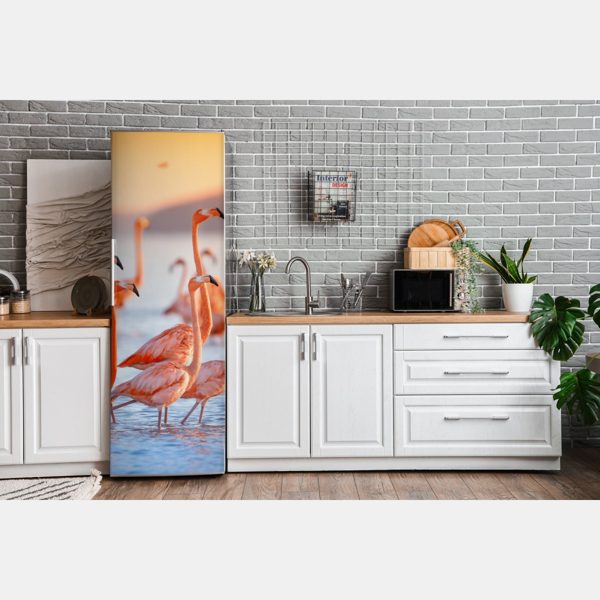 Naklejka na lodówkę różowe flamingi o zachodzie słońca – Wallissimo® Naklejka na lodówkę różowe flamingi o zachodzie słońca – Wallissimo®