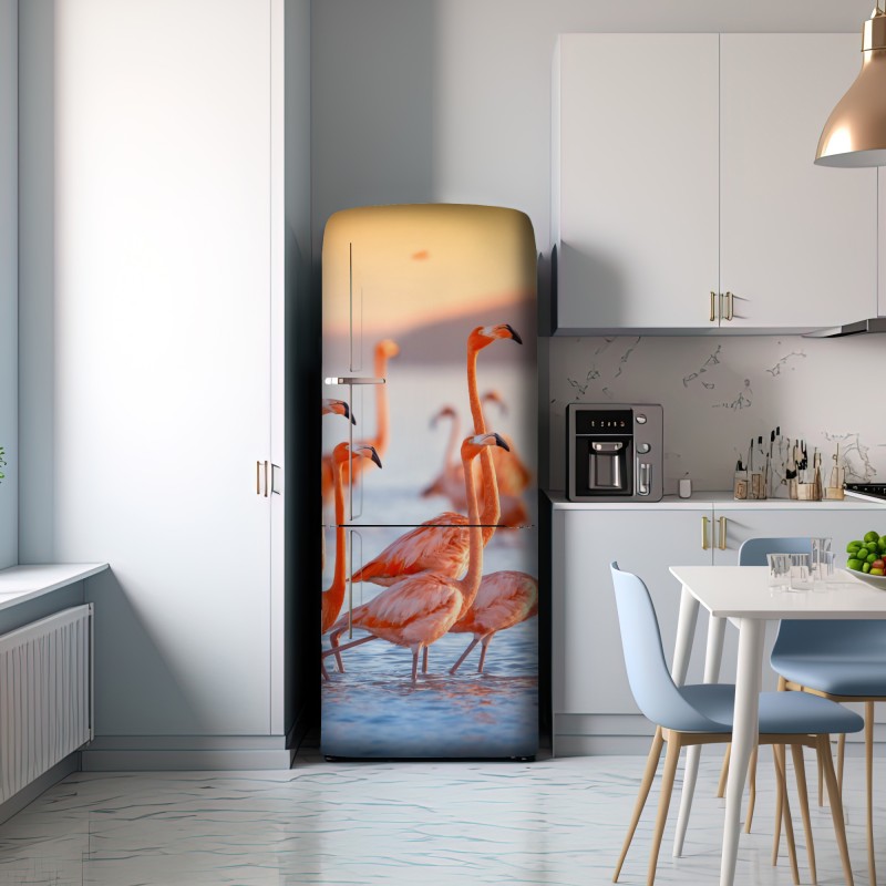 Naklejka na lodówkę różowe flamingi o zachodzie słońca – Wallissimo® Naklejka na lodówkę różowe flamingi o zachodzie słońca – Wallissimo®