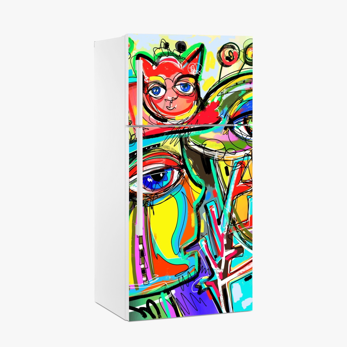 Fridge sticker vibrant abstract faces with cat and bird