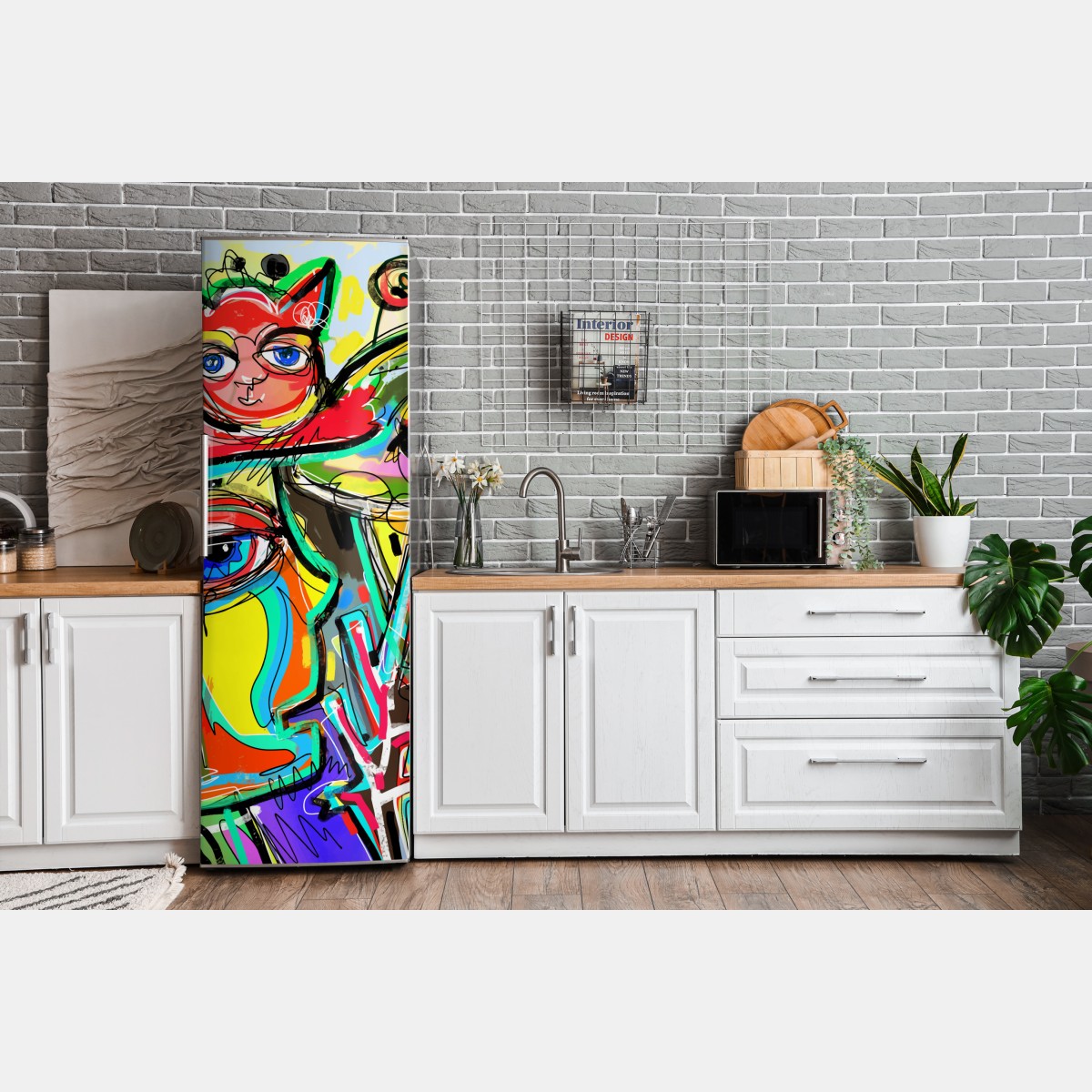 Naklejka na lodówkę żywe abstrakcyjne twarze z kotem i ptakiem – Wallissimo® Naklejka na lodówkę żywe abstrakcyjne twarze z kotem i ptakiem – Wallissimo®