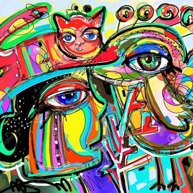 Naklejka na lodówkę żywe abstrakcyjne twarze z kotem i ptakiem – Wallissimo® Naklejka na lodówkę żywe abstrakcyjne twarze z kotem i ptakiem – Wallissimo®