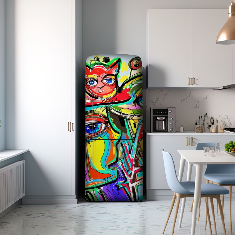 Naklejka na lodówkę żywe abstrakcyjne twarze z kotem i ptakiem – Wallissimo® Naklejka na lodówkę żywe abstrakcyjne twarze z kotem i ptakiem – Wallissimo®