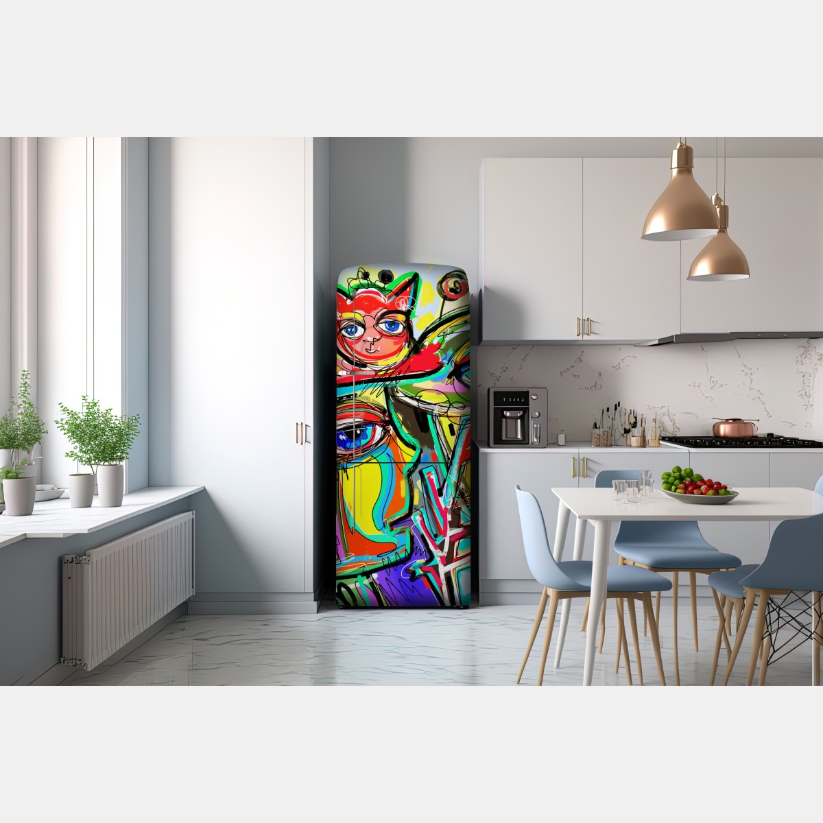 Naklejka na lodówkę żywe abstrakcyjne twarze z kotem i ptakiem – Wallissimo® Naklejka na lodówkę żywe abstrakcyjne twarze z kotem i ptakiem – Wallissimo®