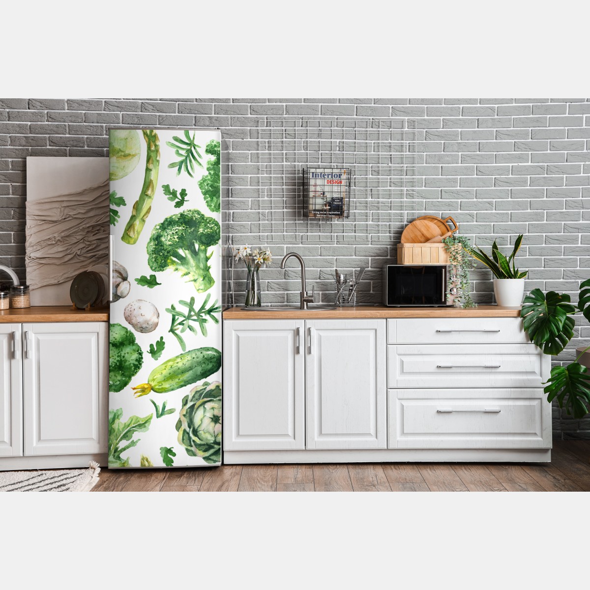 Naklejka na lodówkę akwarelowy wzór zielonych warzyw – Wallissimo® Naklejka na lodówkę akwarelowy wzór zielonych warzyw – Wallissimo®