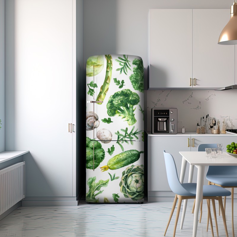 Naklejka na lodówkę akwarelowy wzór zielonych warzyw – Wallissimo® Naklejka na lodówkę akwarelowy wzór zielonych warzyw – Wallissimo®