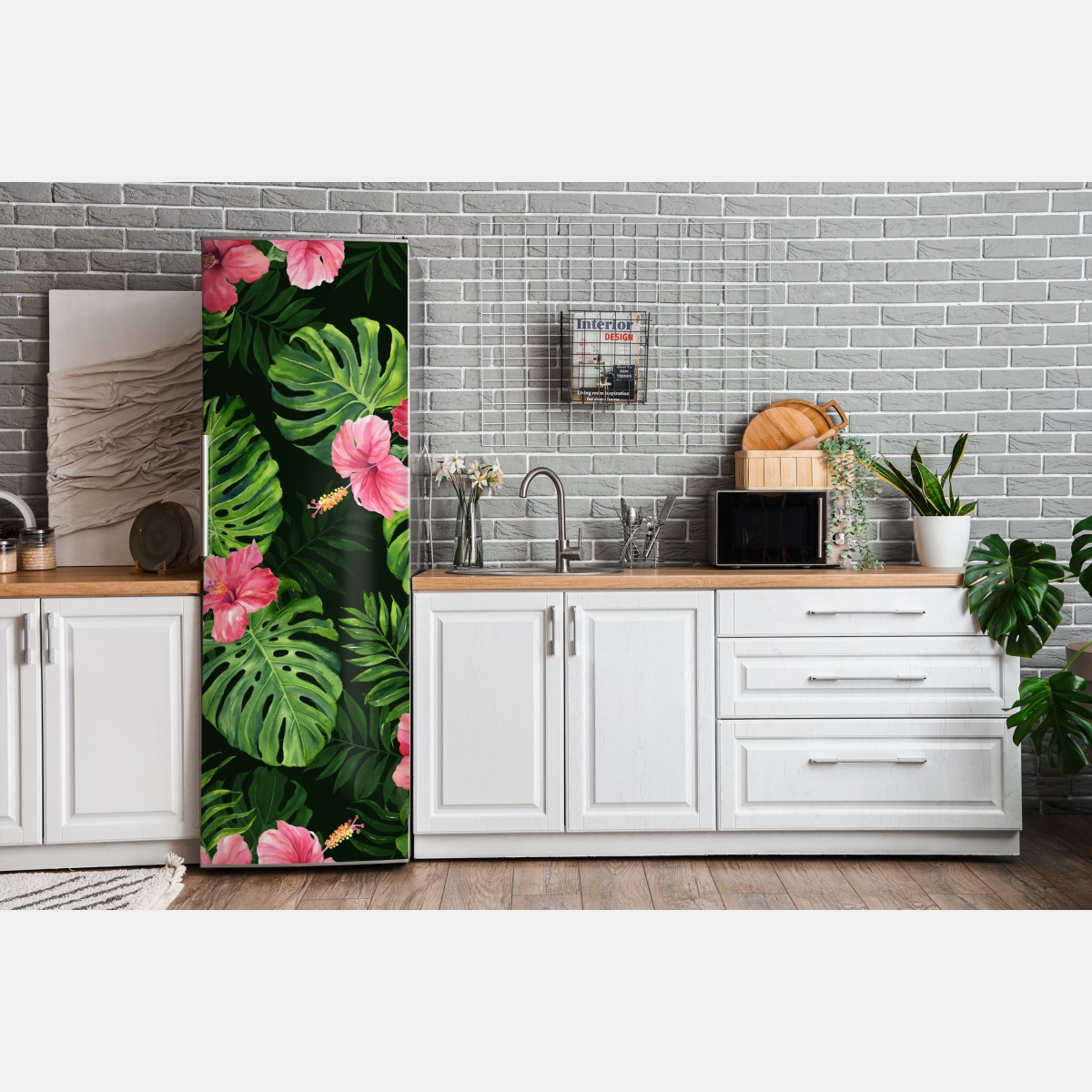 Naklejka na lodówkę tropikalny wzór z monsterą i hibiskusem – Wallissimo® Naklejka na lodówkę tropikalny wzór z monsterą i hibiskusem – Wallissimo®