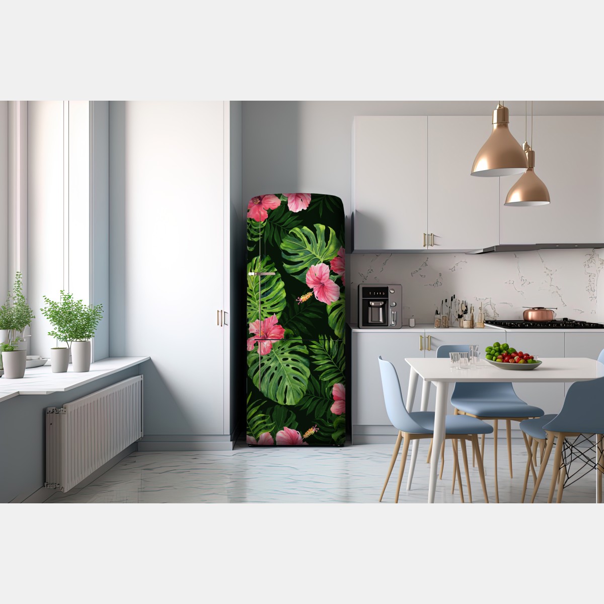 Naklejka na lodówkę tropikalny wzór z monsterą i hibiskusem – Wallissimo® Naklejka na lodówkę tropikalny wzór z monsterą i hibiskusem – Wallissimo®