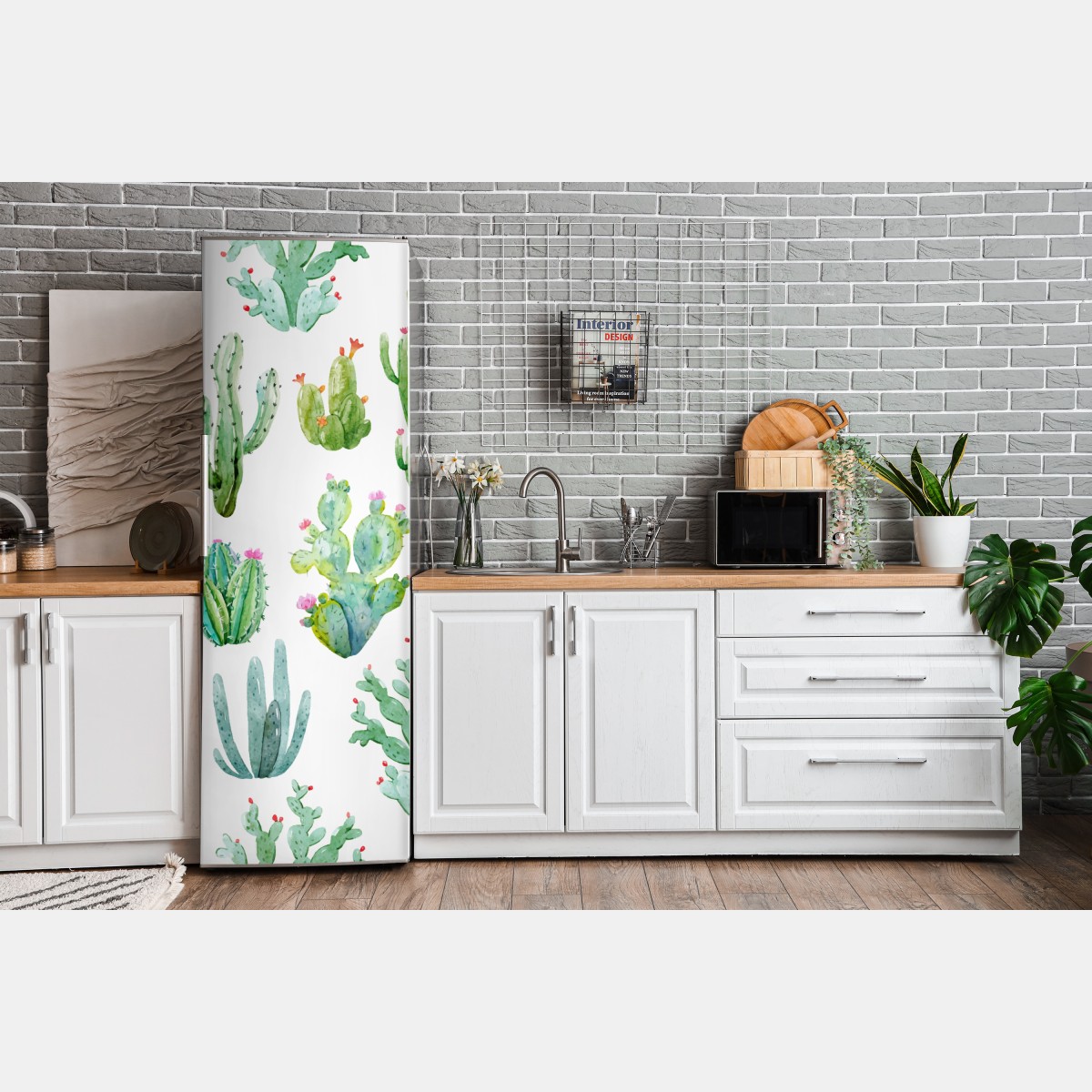 Naklejka na lodówkę akwarelowy wzór ogrodu kaktusów – Wallissimo® Naklejka na lodówkę akwarelowy wzór ogrodu kaktusów – Wallissimo®