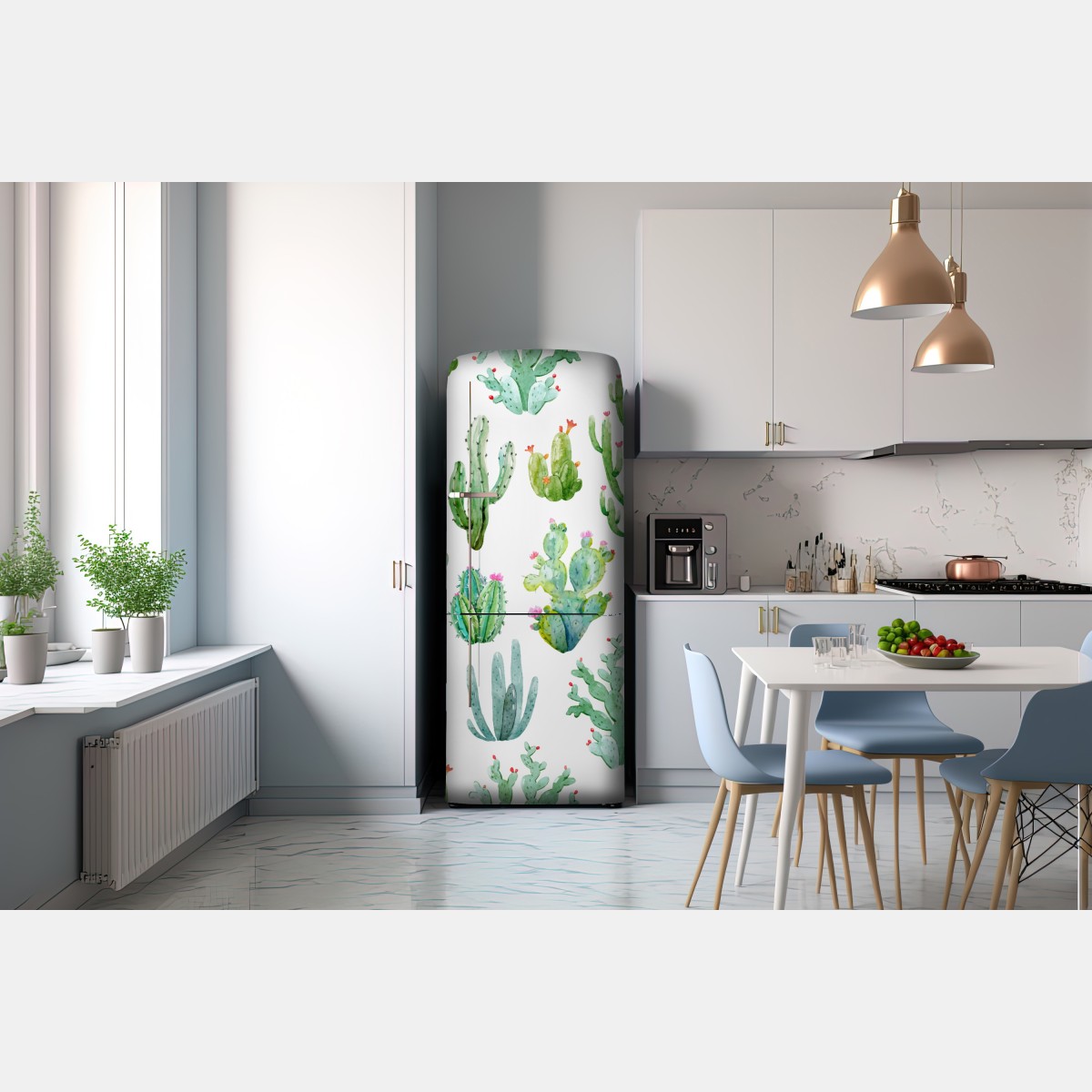 Naklejka na lodówkę akwarelowy wzór ogrodu kaktusów – Wallissimo® Naklejka na lodówkę akwarelowy wzór ogrodu kaktusów – Wallissimo®