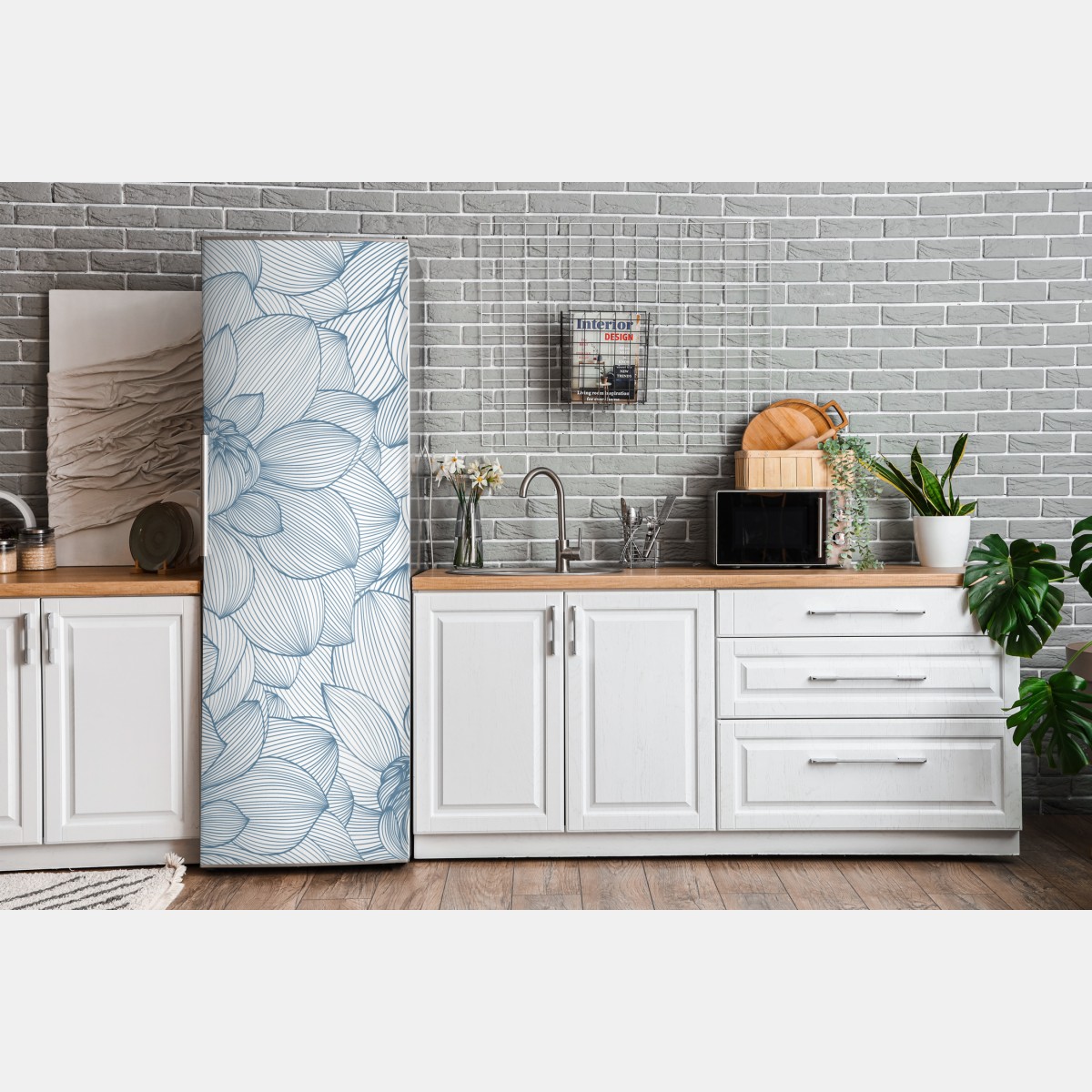 Naklejka na lodówkę delikatny, liniowy wzór kwiatowy w odcieniach niebieskiego – Wallissimo® Naklejka na lodówkę delikatny, liniowy wzór kwiatowy w odcieniach niebieskiego – Wallissimo®