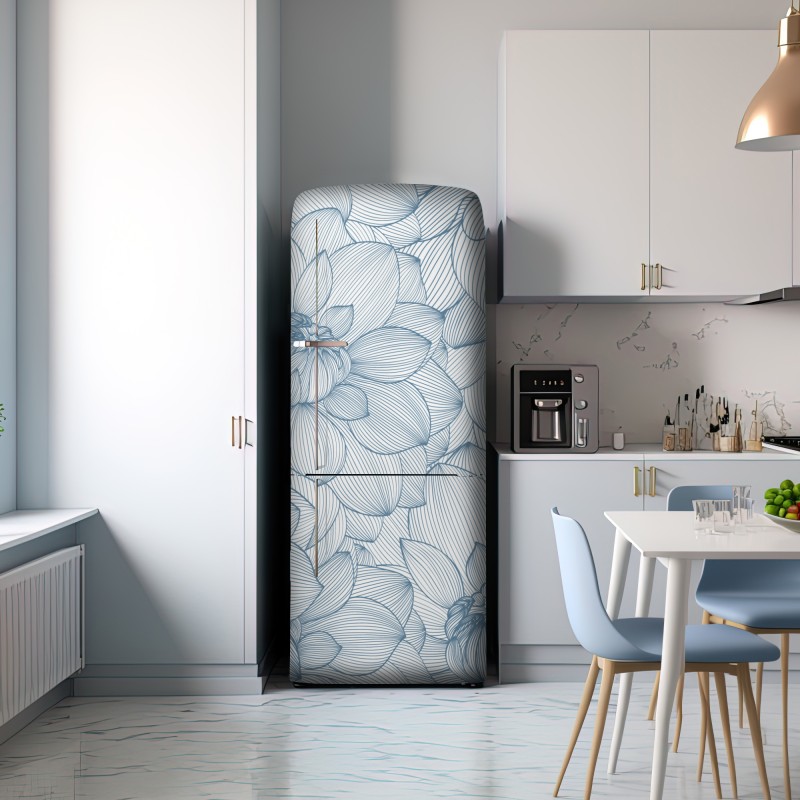 Naklejka na lodówkę delikatny, liniowy wzór kwiatowy w odcieniach niebieskiego – Wallissimo® Naklejka na lodówkę delikatny, liniowy wzór kwiatowy w odcieniach niebieskiego – Wallissimo®
