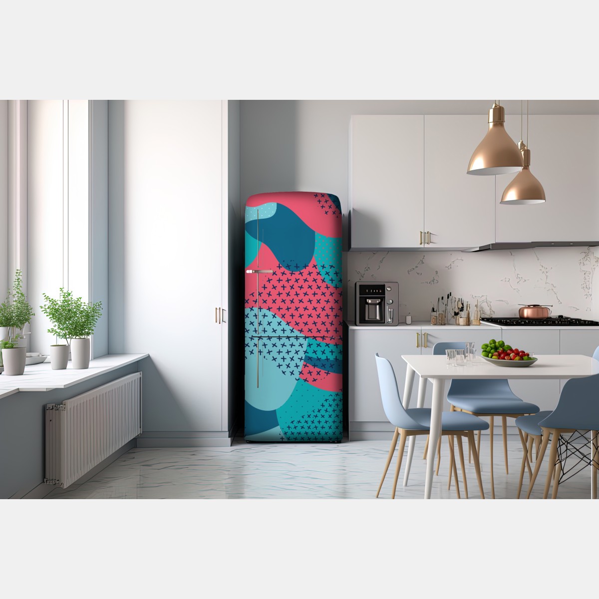 Naklejka na lodówkę abstrakcyjny falisty wzór w turkusie i koralu – Wallissimo® Naklejka na lodówkę abstrakcyjny falisty wzór w turkusie i koralu – Wallissimo®