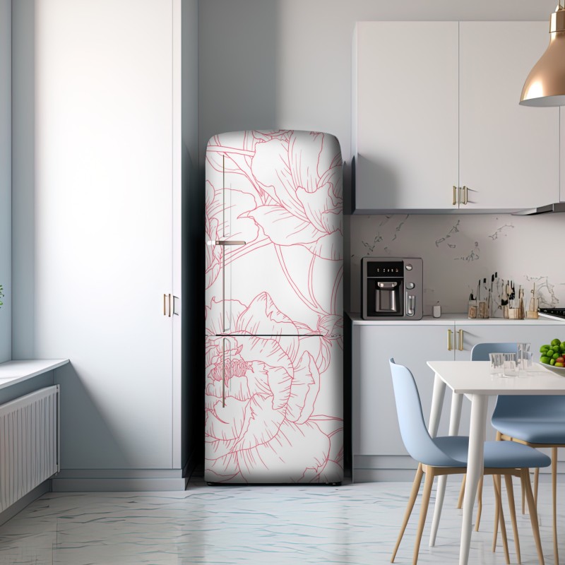 Naklejka na lodówkę delikatny różowy wzór piwonii w stylu line art – Wallissimo® Naklejka na lodówkę delikatny różowy wzór piwonii w stylu line art – Wallissimo®