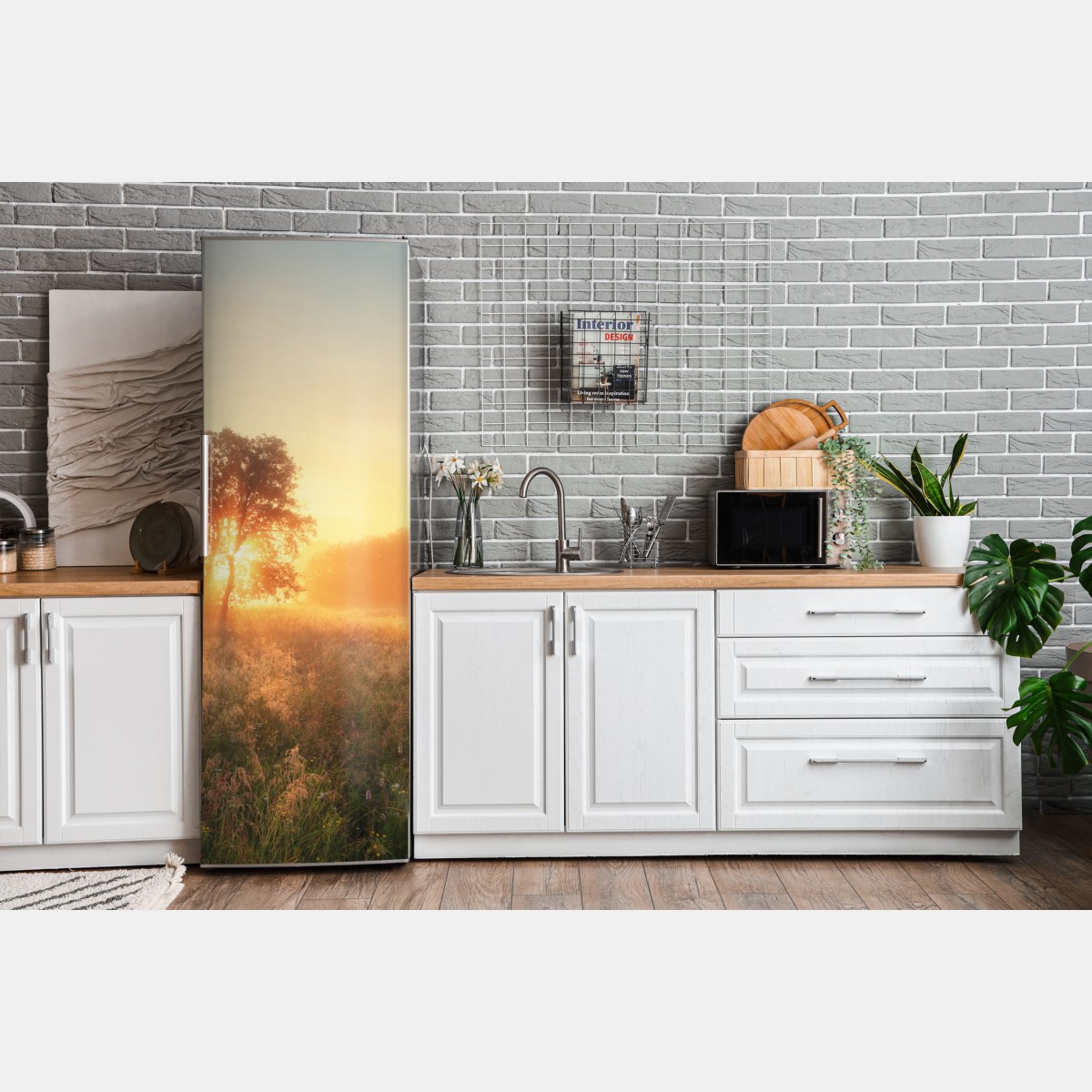 Naklejka na lodówkę złoty wschód słońca nad mglistą łąką – Wallissimo® Naklejka na lodówkę złoty wschód słońca nad mglistą łąką – Wallissimo®