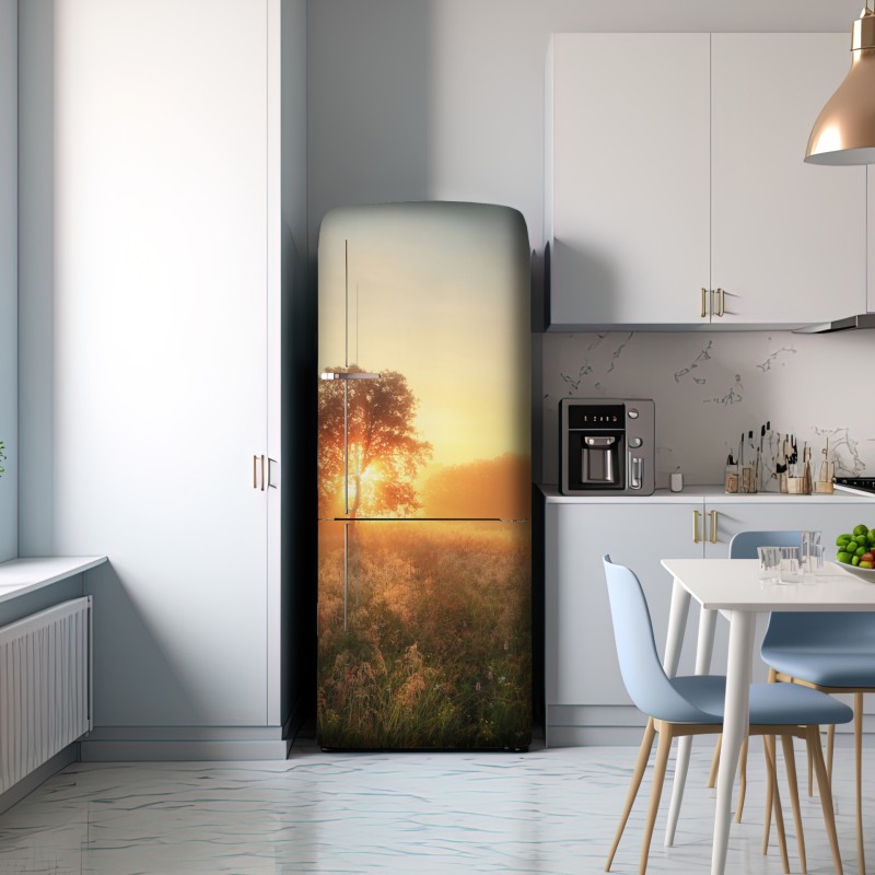 Naklejka na lodówkę złoty wschód słońca nad mglistą łąką – Wallissimo® Naklejka na lodówkę złoty wschód słońca nad mglistą łąką – Wallissimo®