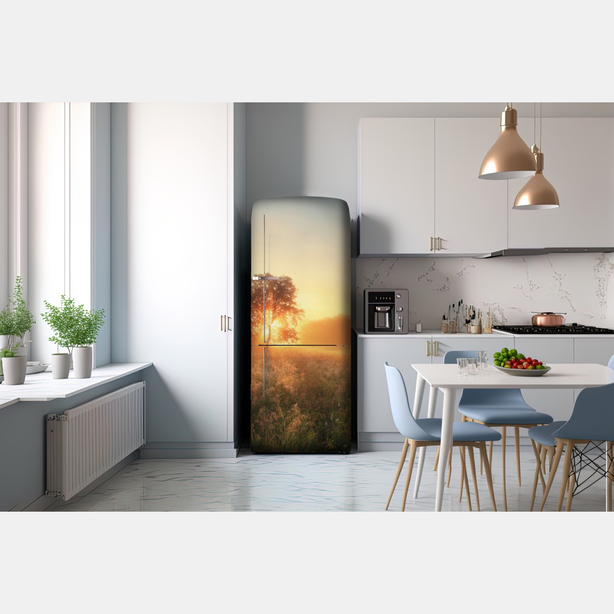 Naklejka na lodówkę złoty wschód słońca nad mglistą łąką – Wallissimo® Naklejka na lodówkę złoty wschód słońca nad mglistą łąką – Wallissimo®