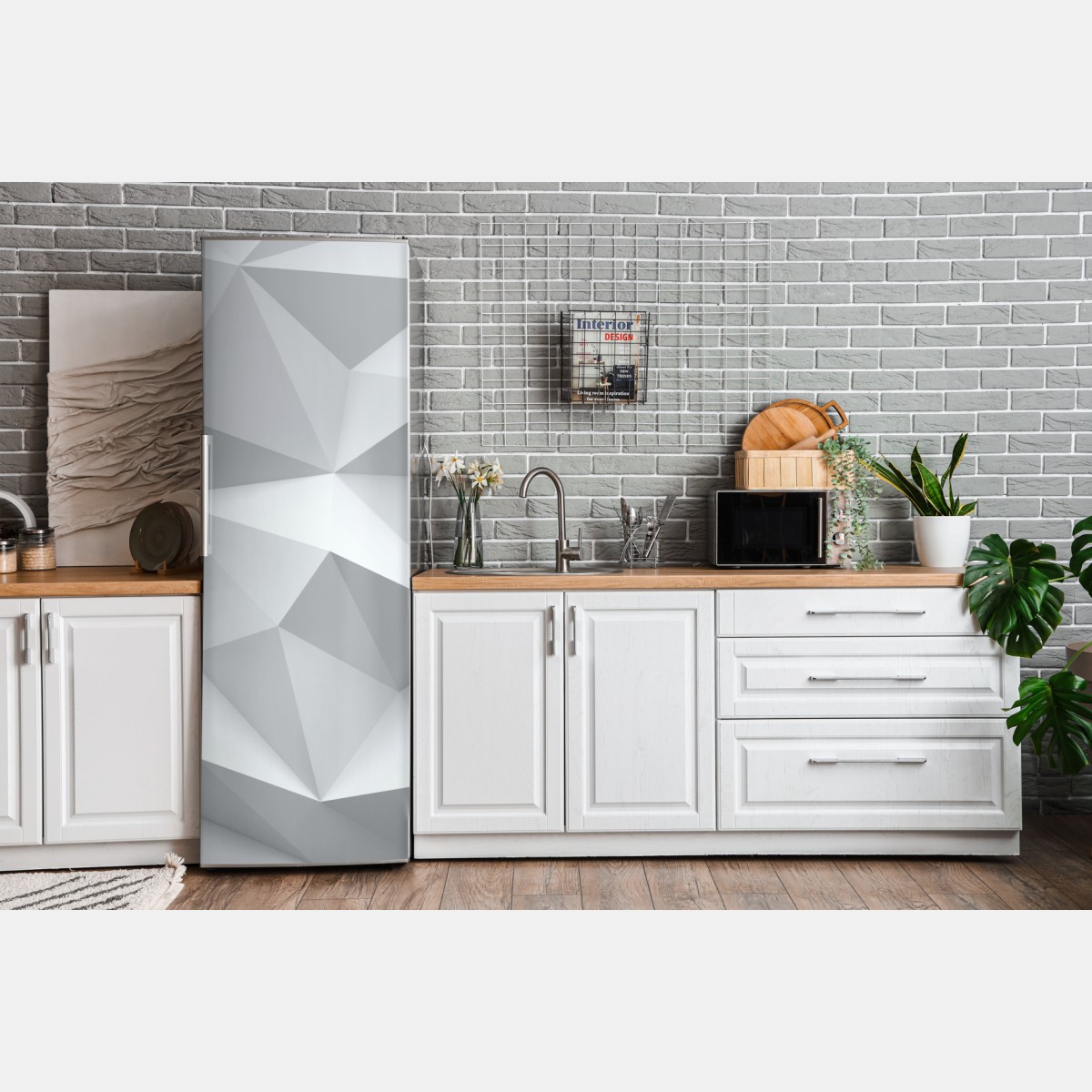 Naklejka na lodówkę biały trójwymiarowy geometryczny wzór low-poly – Wallissimo® Naklejka na lodówkę biały trójwymiarowy geometryczny wzór low-poly – Wallissimo®