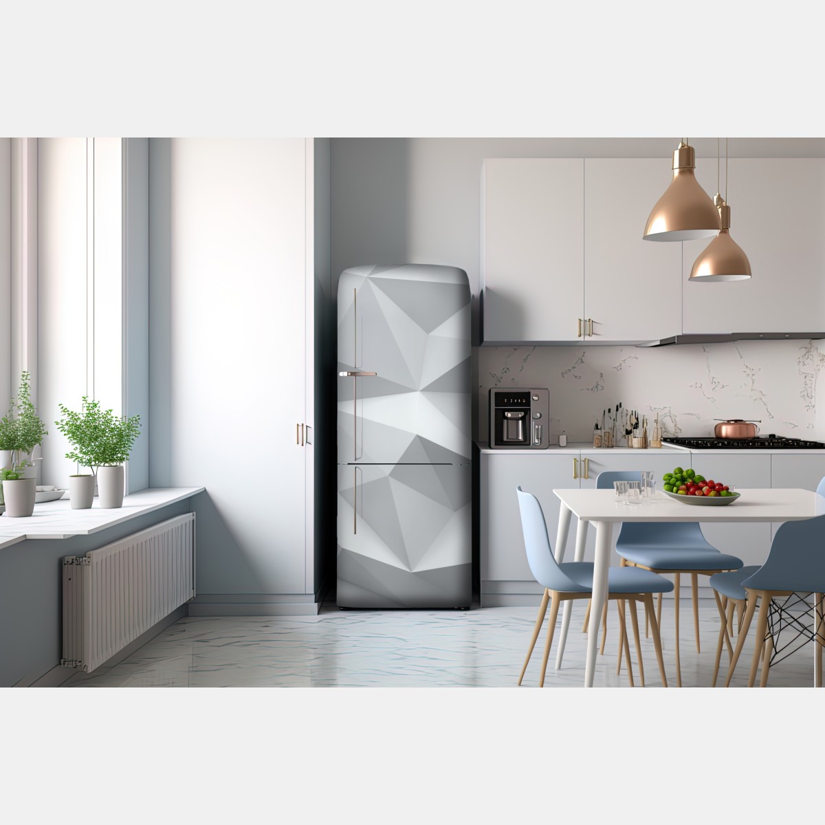 Naklejka na lodówkę biały trójwymiarowy geometryczny wzór low-poly – Wallissimo® Naklejka na lodówkę biały trójwymiarowy geometryczny wzór low-poly – Wallissimo®