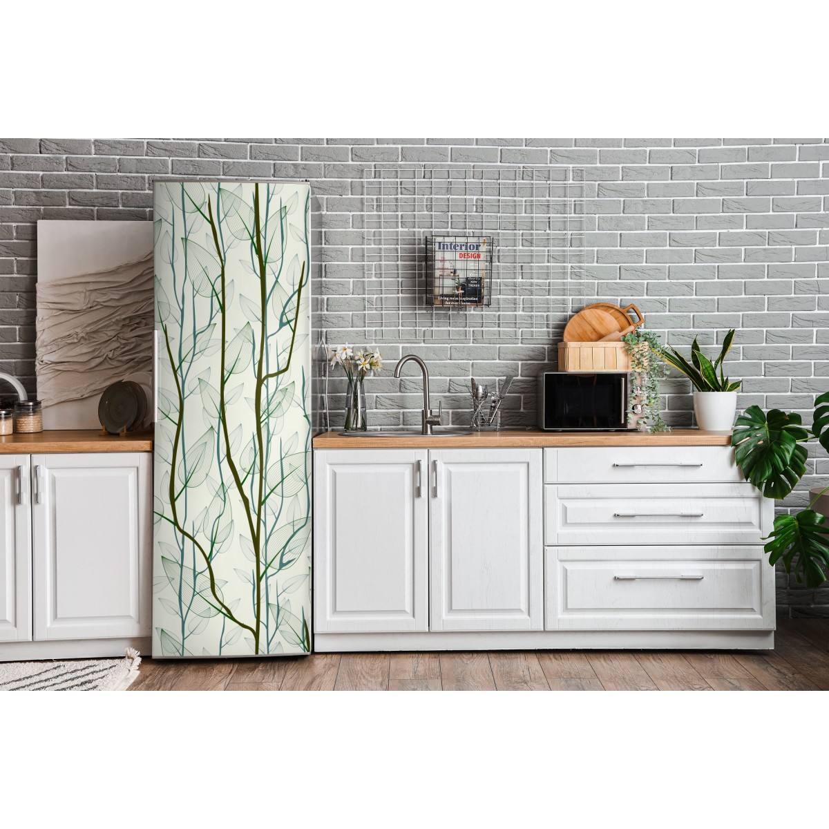 Naklejka na lodówkę delikatny wzór liści i gałęzi – Wallissimo® Naklejka na lodówkę delikatny wzór liści i gałęzi – Wallissimo®