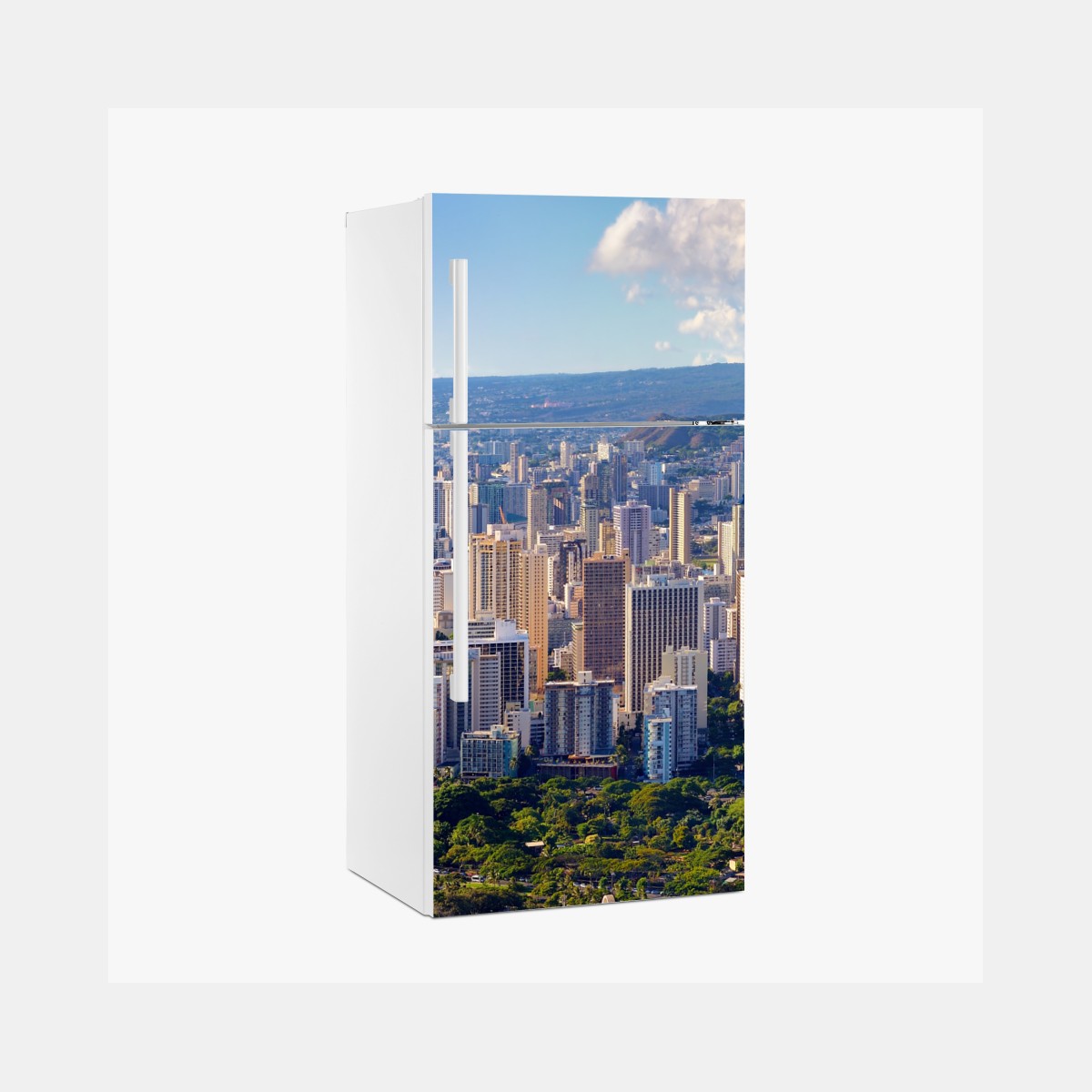 Fridge sticker panoramic tropical city skyline by the sea