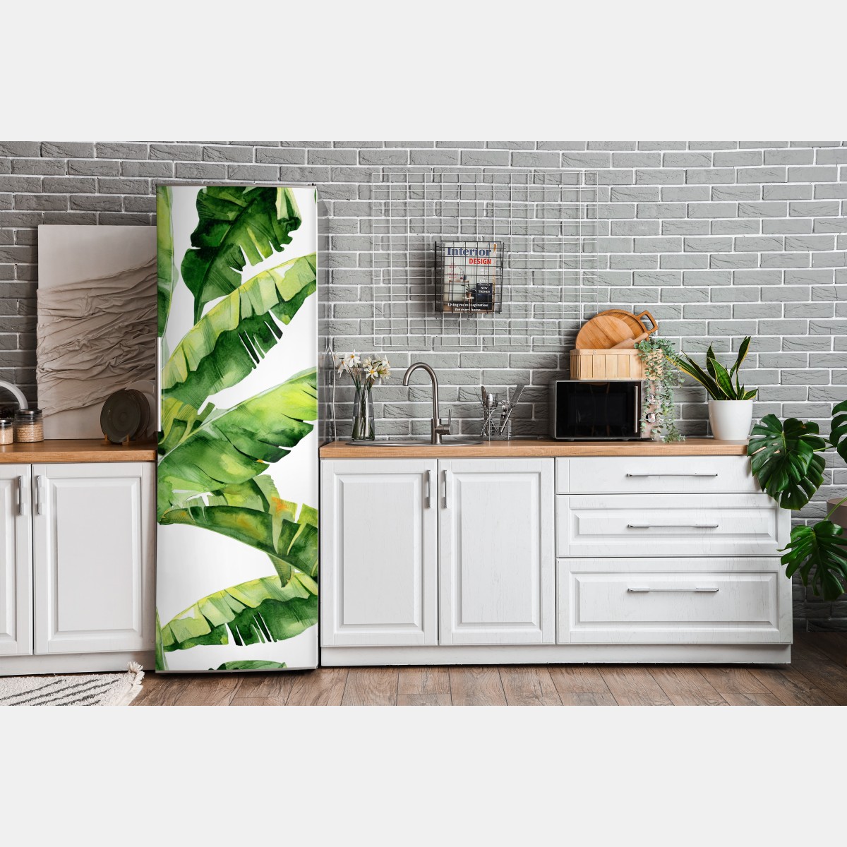 Naklejka na lodówkę tropikalny wzór z liśćmi bananowca w akwareli – Wallissimo® Naklejka na lodówkę tropikalny wzór z liśćmi bananowca w akwareli – Wallissimo®
