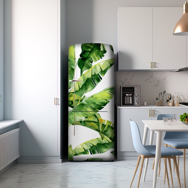 Naklejka na lodówkę tropikalny wzór z liśćmi bananowca w akwareli – Wallissimo® Naklejka na lodówkę tropikalny wzór z liśćmi bananowca w akwareli – Wallissimo®