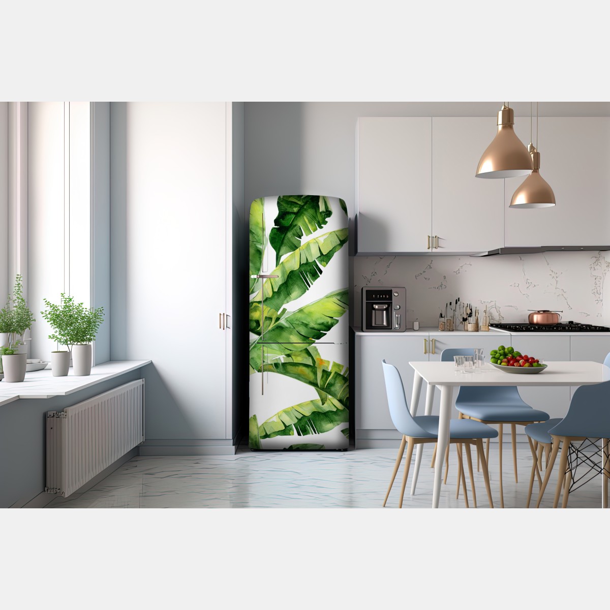 Naklejka na lodówkę tropikalny wzór z liśćmi bananowca w akwareli – Wallissimo® Naklejka na lodówkę tropikalny wzór z liśćmi bananowca w akwareli – Wallissimo®