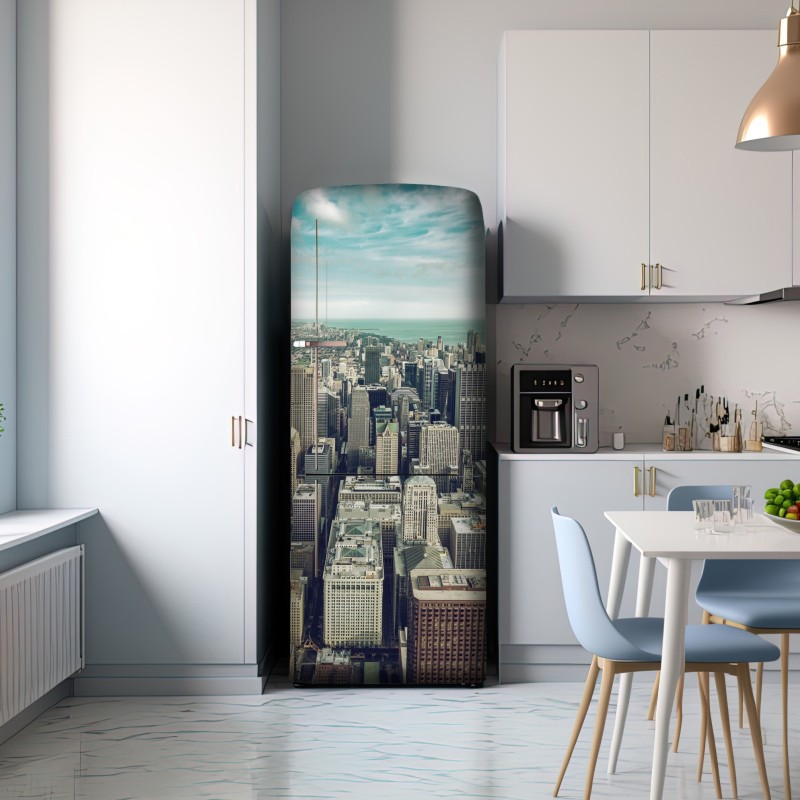 Naklejka na lodówkę Chicago panorama miasta z lotu ptaka w turkusowych tonach – Wallissimo® Naklejka na lodówkę Chicago panorama miasta z lotu ptaka w turkusowych tonach – Wallissimo®