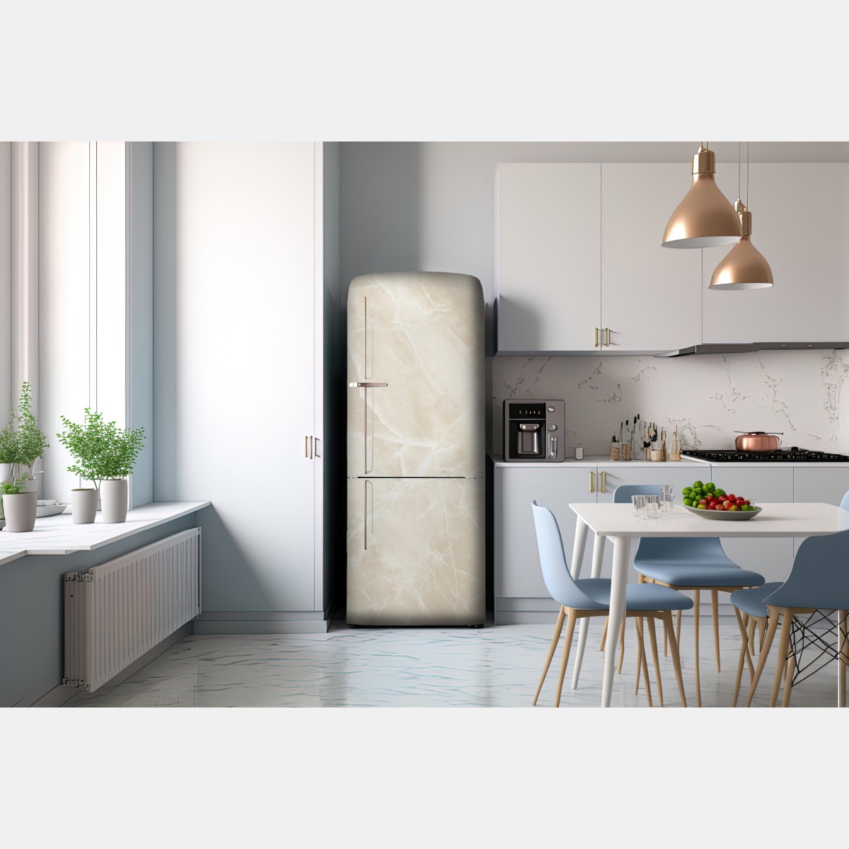 Naklejka na lodówkę beżowa tekstura marmuru z białymi żyłami – Wallissimo® Naklejka na lodówkę beżowa tekstura marmuru z białymi żyłami – Wallissimo®