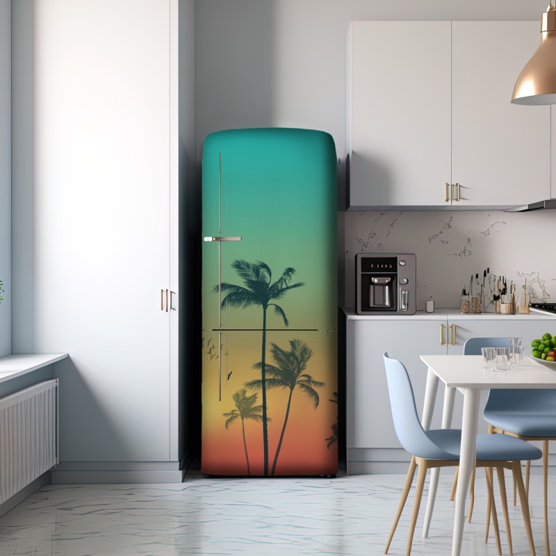 Naklejka na lodówkę tropikalny zachód słońca z palmami – Wallissimo® Naklejka na lodówkę tropikalny zachód słońca z palmami – Wallissimo®