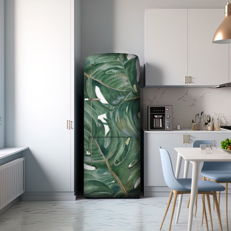 Naklejka na lodówkę malowane akwarelą liście monstery – Wallissimo® Naklejka na lodówkę malowane akwarelą liście monstery – Wallissimo®
